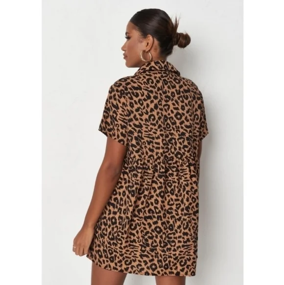 NWOT Missguided Brown Leopard Print Shirt Smock Mini Dress - Picture 3 of 16